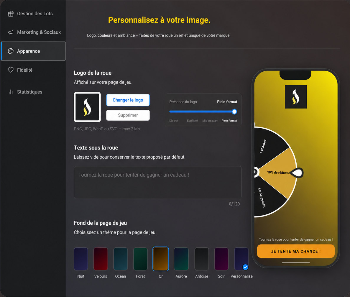 Écran de personnalisation d’une roue Wheel you Win avec aperçu mobile